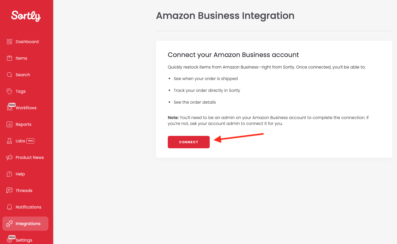 Clicking Connect for Amazon Business