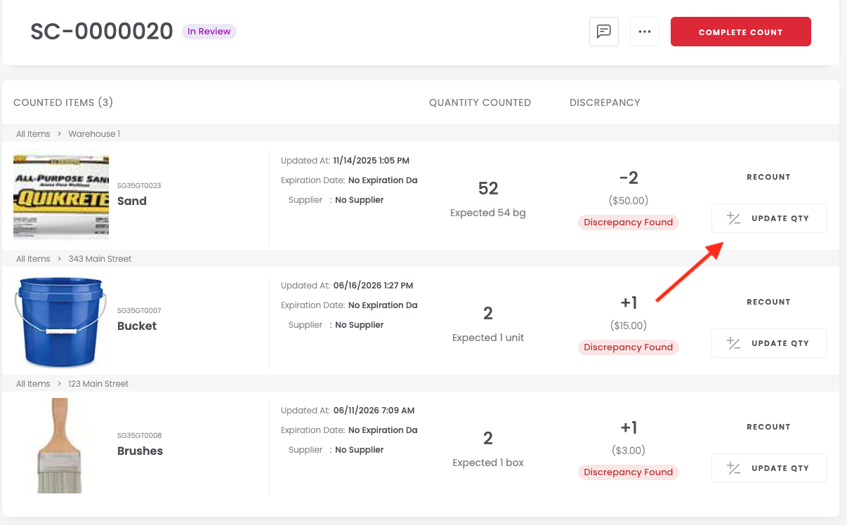 Update Quantity next to a discrepancy