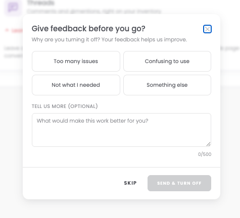 Disabling a Labs feature and sharing a reason