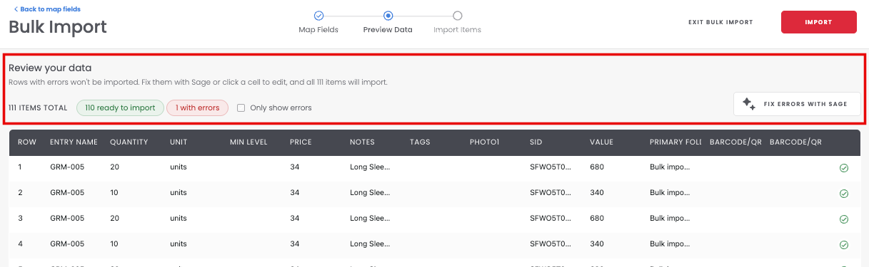 Preview Data screen showing items ready to import