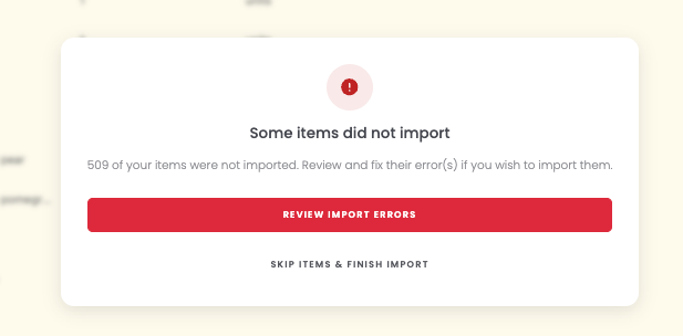 Some items did not import screen