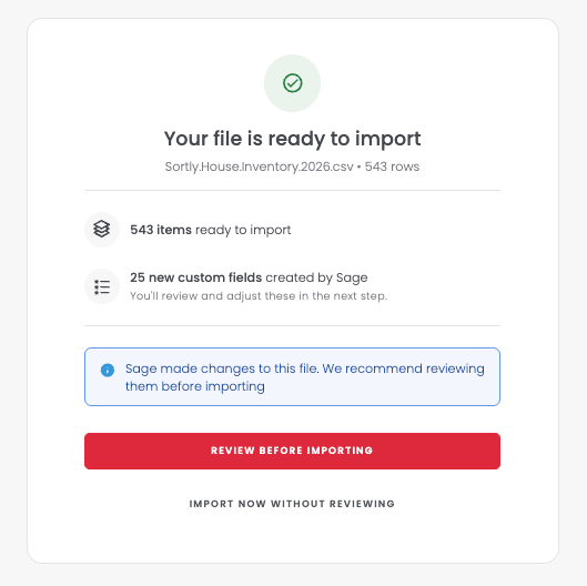 Upload summary showing items ready to import