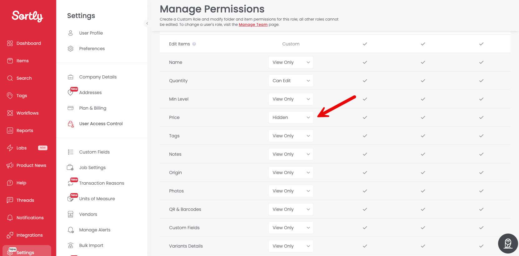 Setting the Price field to Hidden