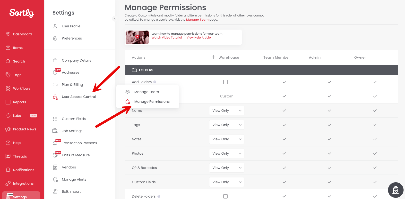 Manage Permissions settings page