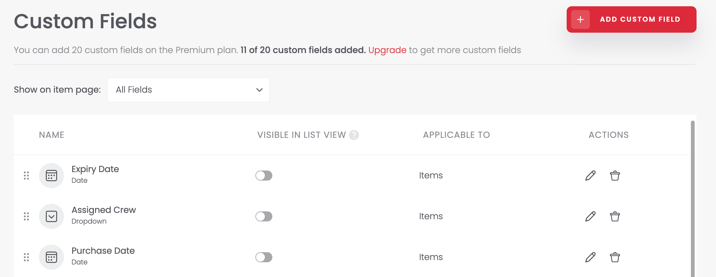 Adding custom fields to a consumable item