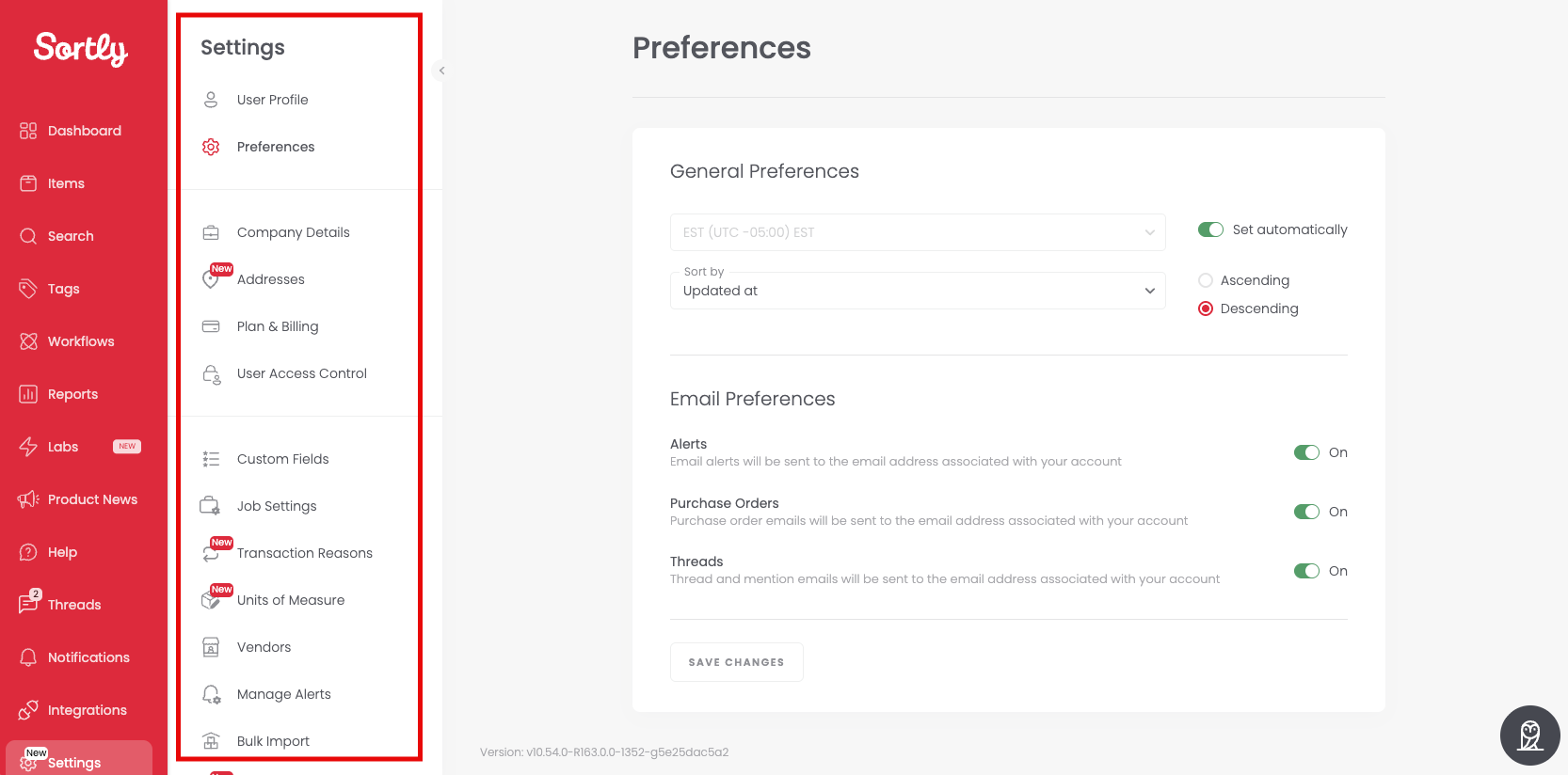 Settings page