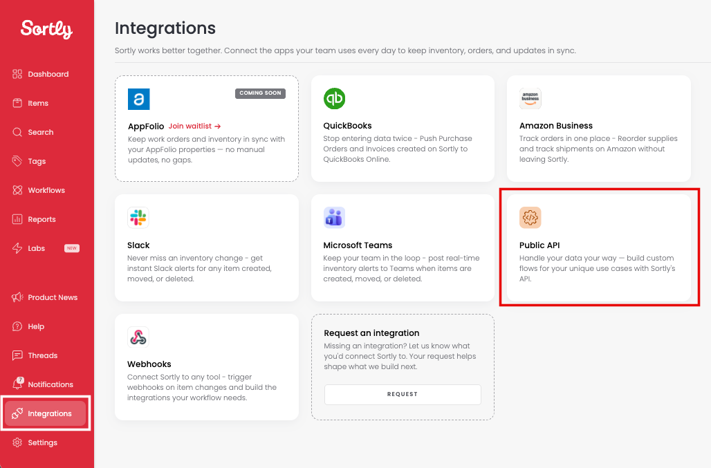 The Integrations tab with Public API selected
