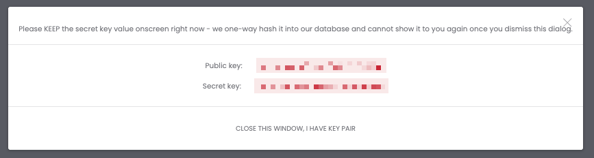 The Public Key and Secret Key shown after creation