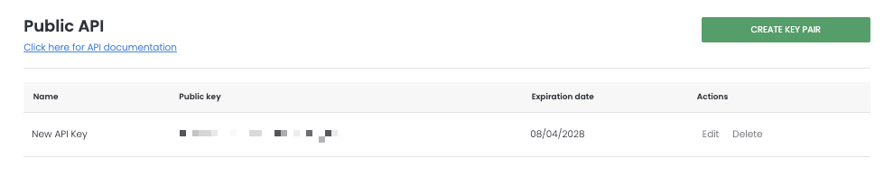 Managing an active API key under Integrations, Public API