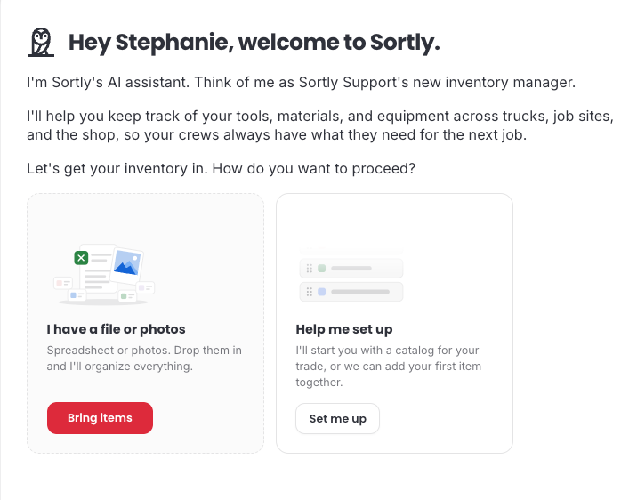 The Sortly Assistant welcome screen with the I have a file or photos and Help me set up cards
