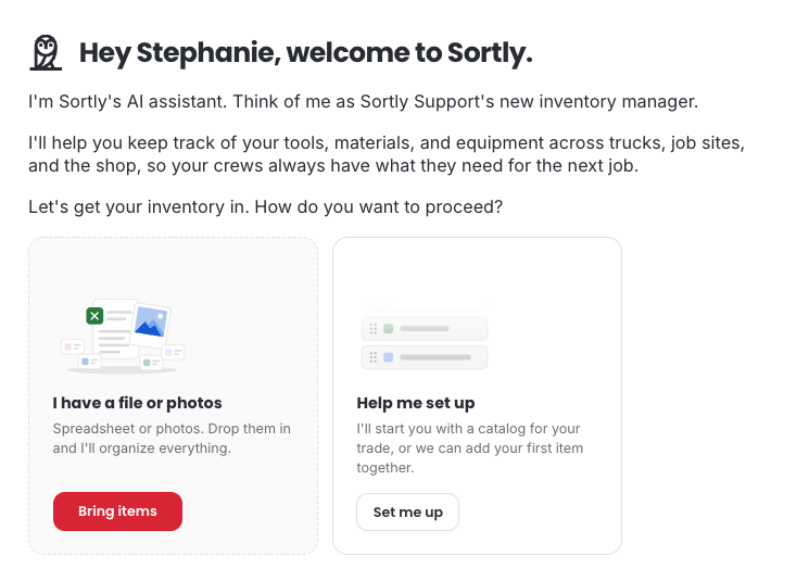 The welcome screen with the I have a file or photos and Help me set up cards