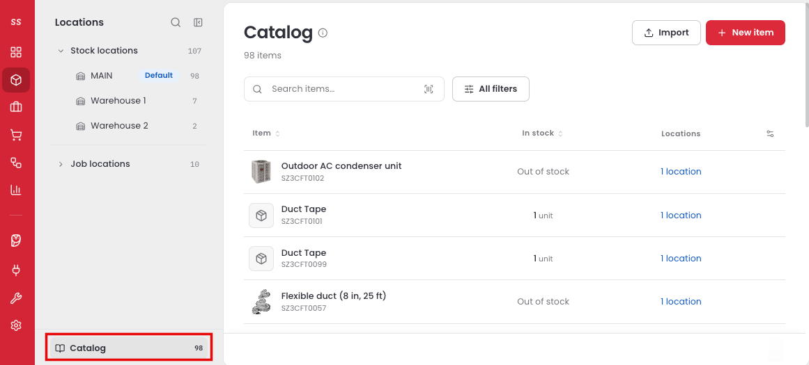 The Catalog page with the Import and New item buttons