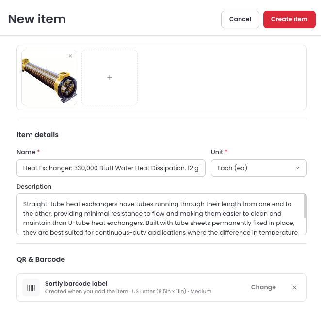 The New item page with photos, Item details, and QR and Barcode sections