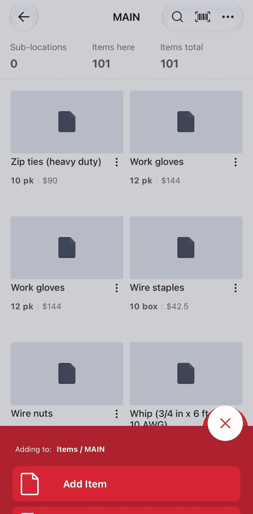 Screen recording of adding an item on mobile with the plus icon menu and barcode scan