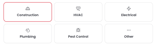Trade options: Construction, HVAC, Electrical, Plumbing, Pest Control, and Other