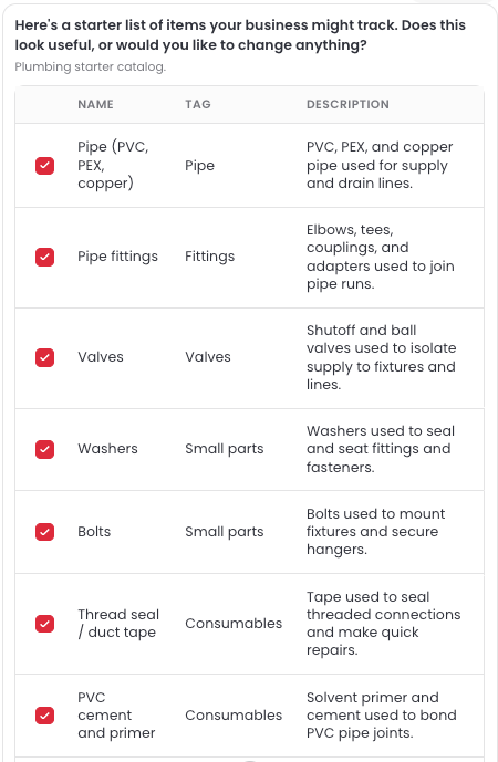 A starter catalog list with a checkbox next to each item