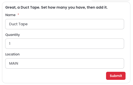 Form with Name, Quantity, and Location fields and a Submit button