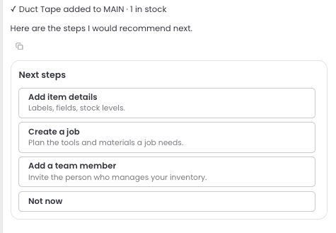 Next steps shown after an item is added
