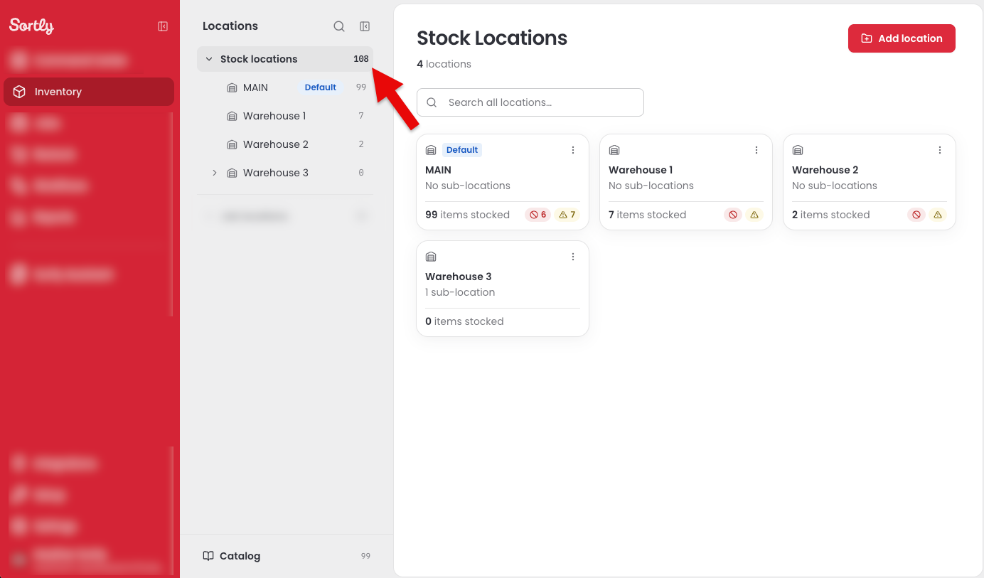 Inventory page showing the Locations panel and the Stock Locations page