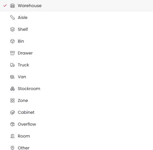 Location type dropdown showing all available types