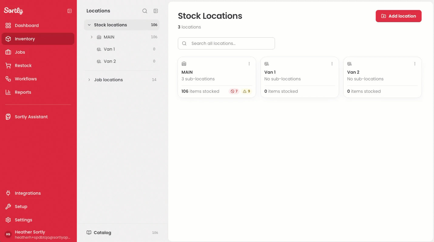 Adding stock from the location view in Sortly