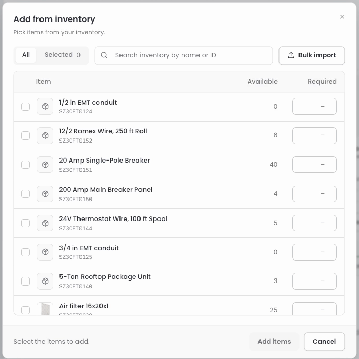 Add from inventory window listing items with Available and Required columns