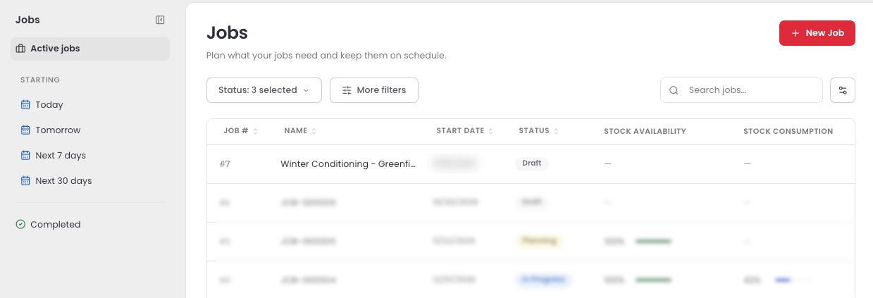 Jobs list showing the new job in Draft status