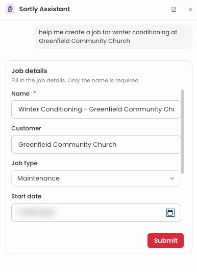 Sortly Assistant showing the Job details form with Name, Customer, Job type, and Start date filled in