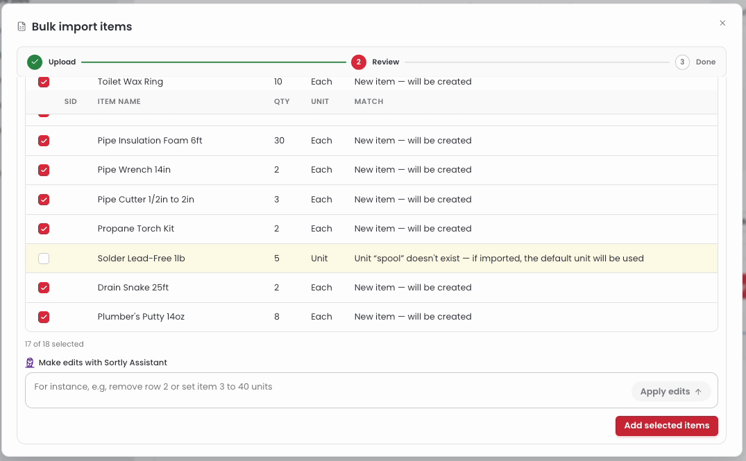 Bottom of the Review step showing a highlighted row, the Make edits with Sortly Assistant box, and the Add selected items button