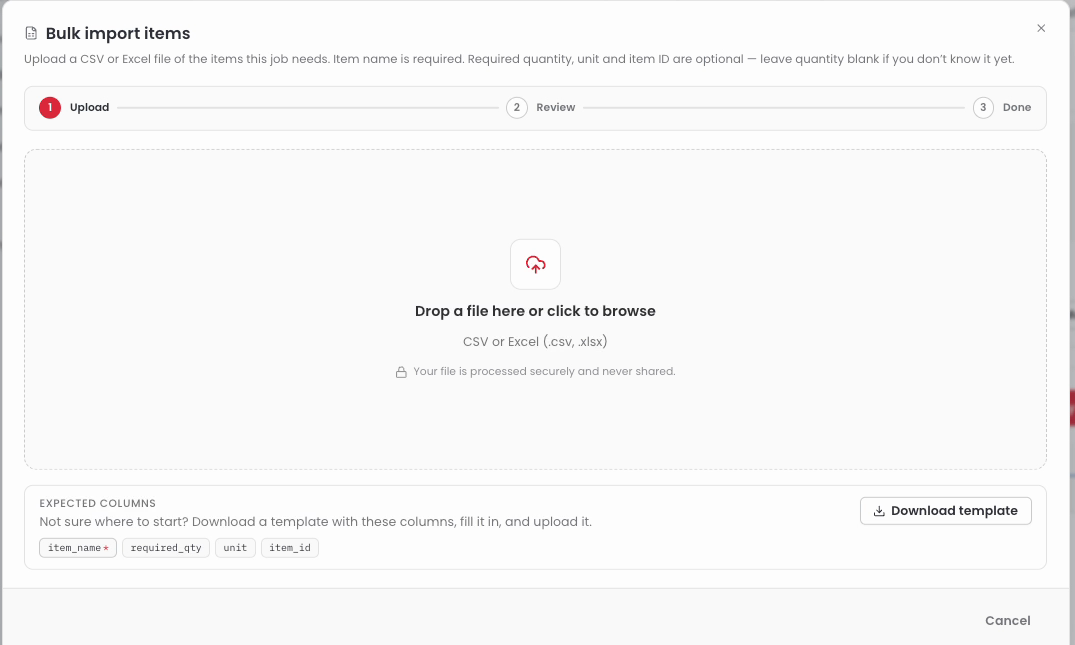 Bulk import items window on the Upload step with the Download template button