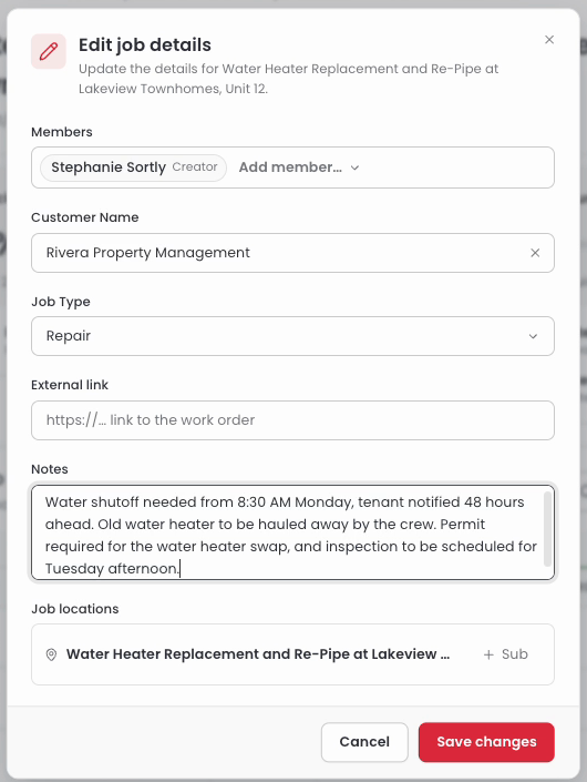 Edit job details window with a customer, job type, and notes filled in