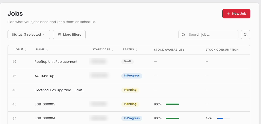 Jobs page with the New Job button in the top right