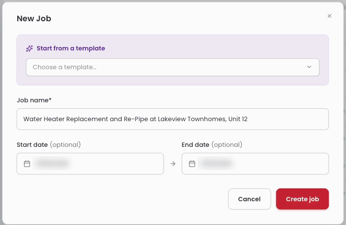 New Job window with a job name, start date, and end date filled in