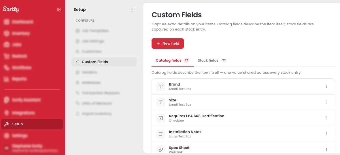 Setup > Custom Fields page with the Catalog fields and Stock fields tabs and the New field button