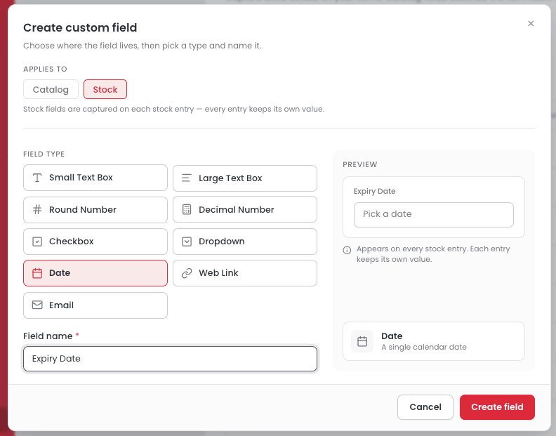 Create custom field window with Stock selected, Date chosen as the field type, Expiry Date entered as the field name, and the Preview panel