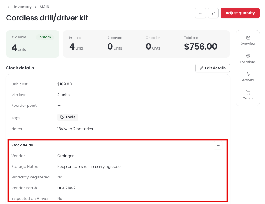 Stock details for an item, with the Stock fields section showing Vendor, Storage Notes, Warranty Registered, Vendor Part #, and Inspected on Arrival