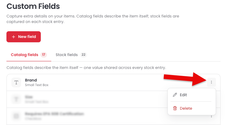 Three-dot menu on the Brand field row showing the Edit and Delete options