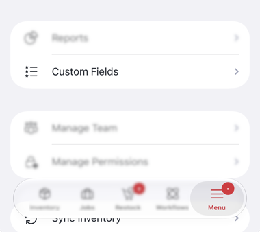 Mobile app Menu showing the Custom Fields option