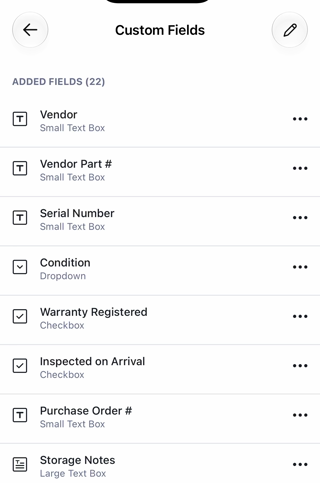 Mobile Custom Fields page listing added stock fields like Vendor, Serial Number, and Condition