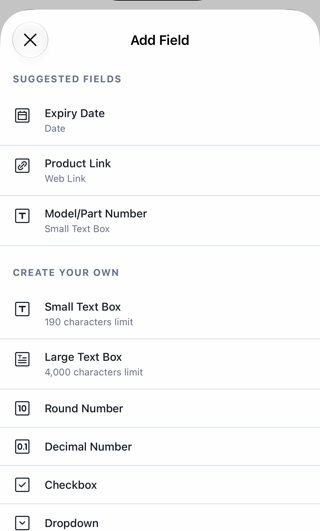 Mobile Add Field screen with suggested fields and field types to create your own