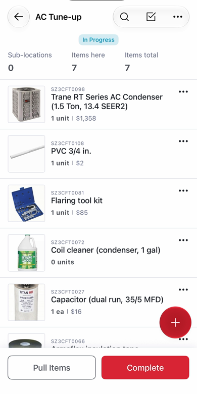 Job page on mobile in In Progress with the Complete button