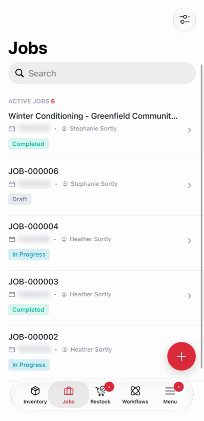 Jobs list on mobile with the red plus button