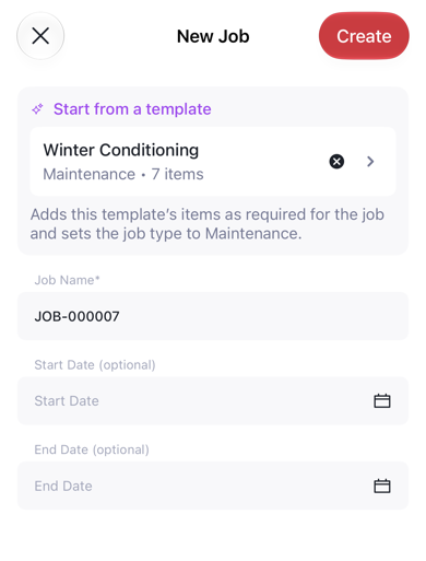 New Job screen on mobile with a template selected