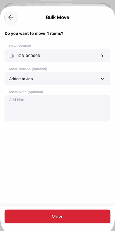 Bulk Move confirmation with the job as the new location and Added to Job as the reason