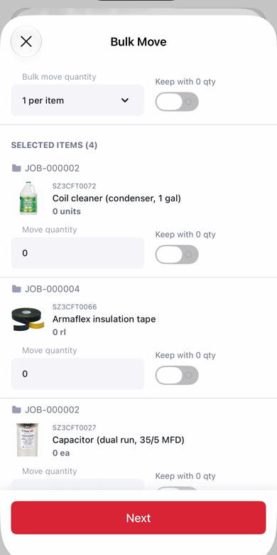 Bulk Move screen with a move quantity for each selected item