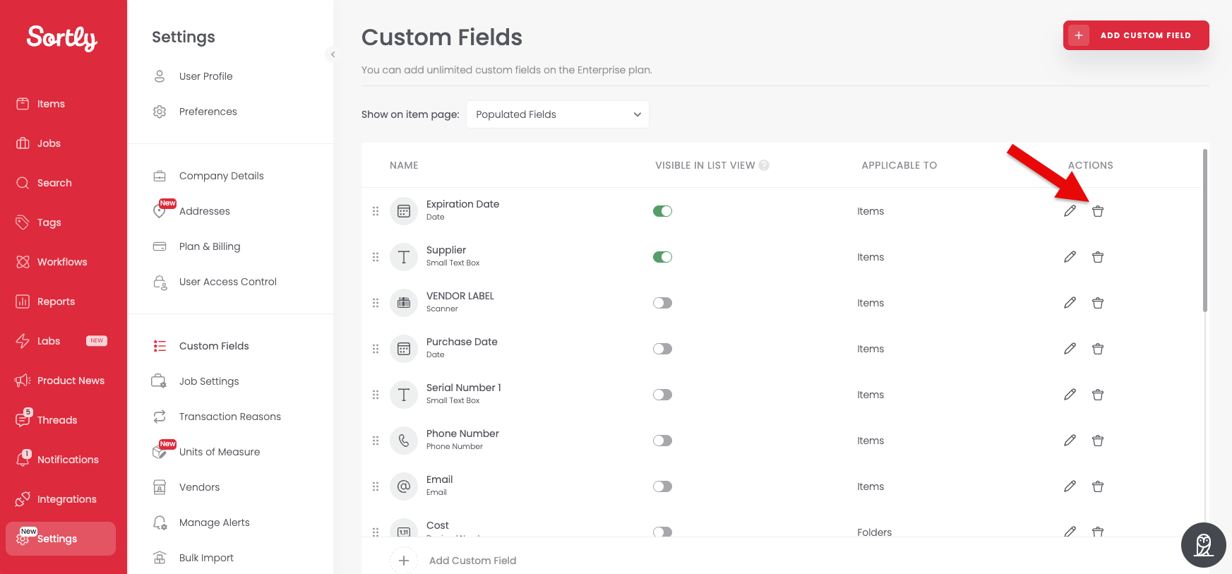 Edit and delete icons in the Actions column