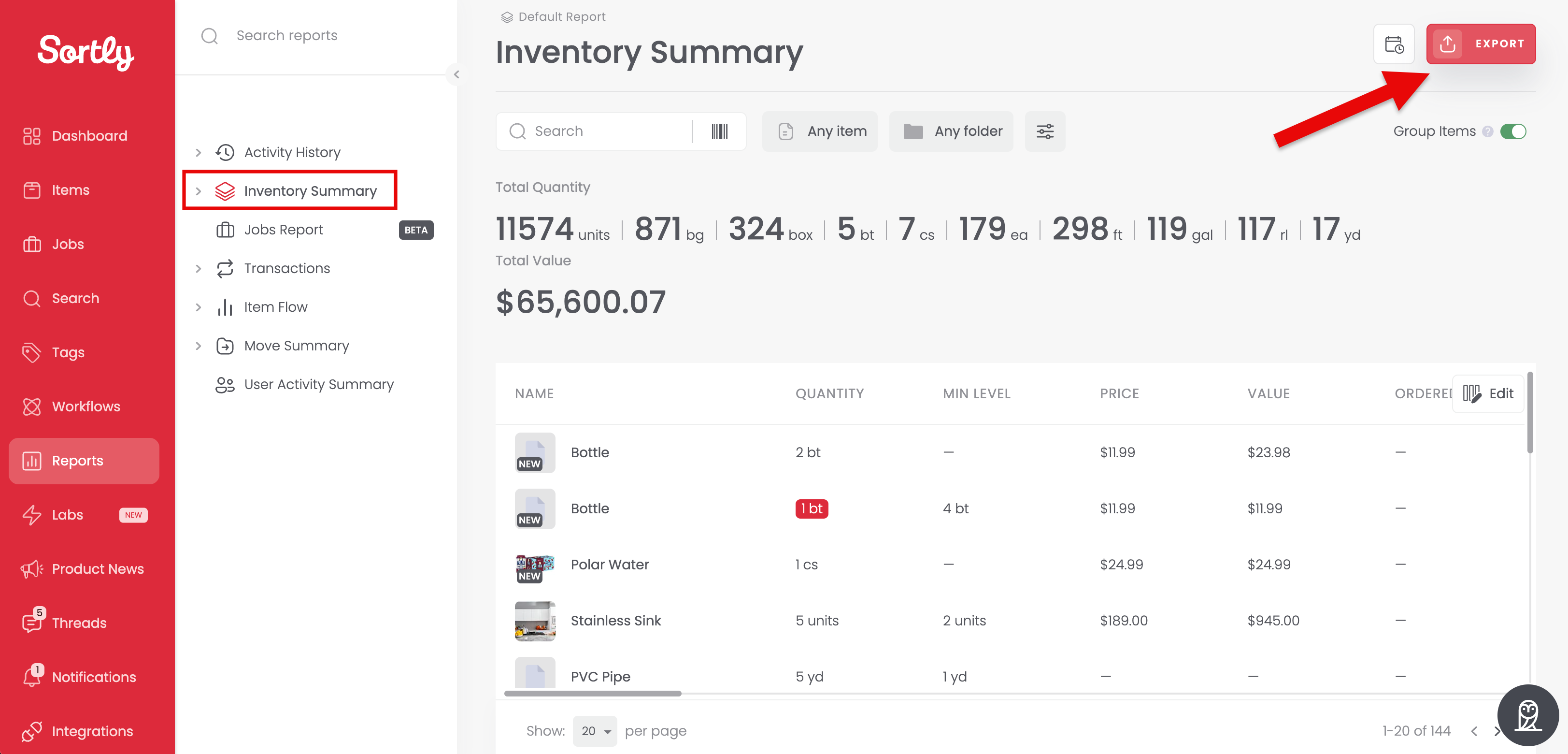 Export button on the Inventory Summary report
