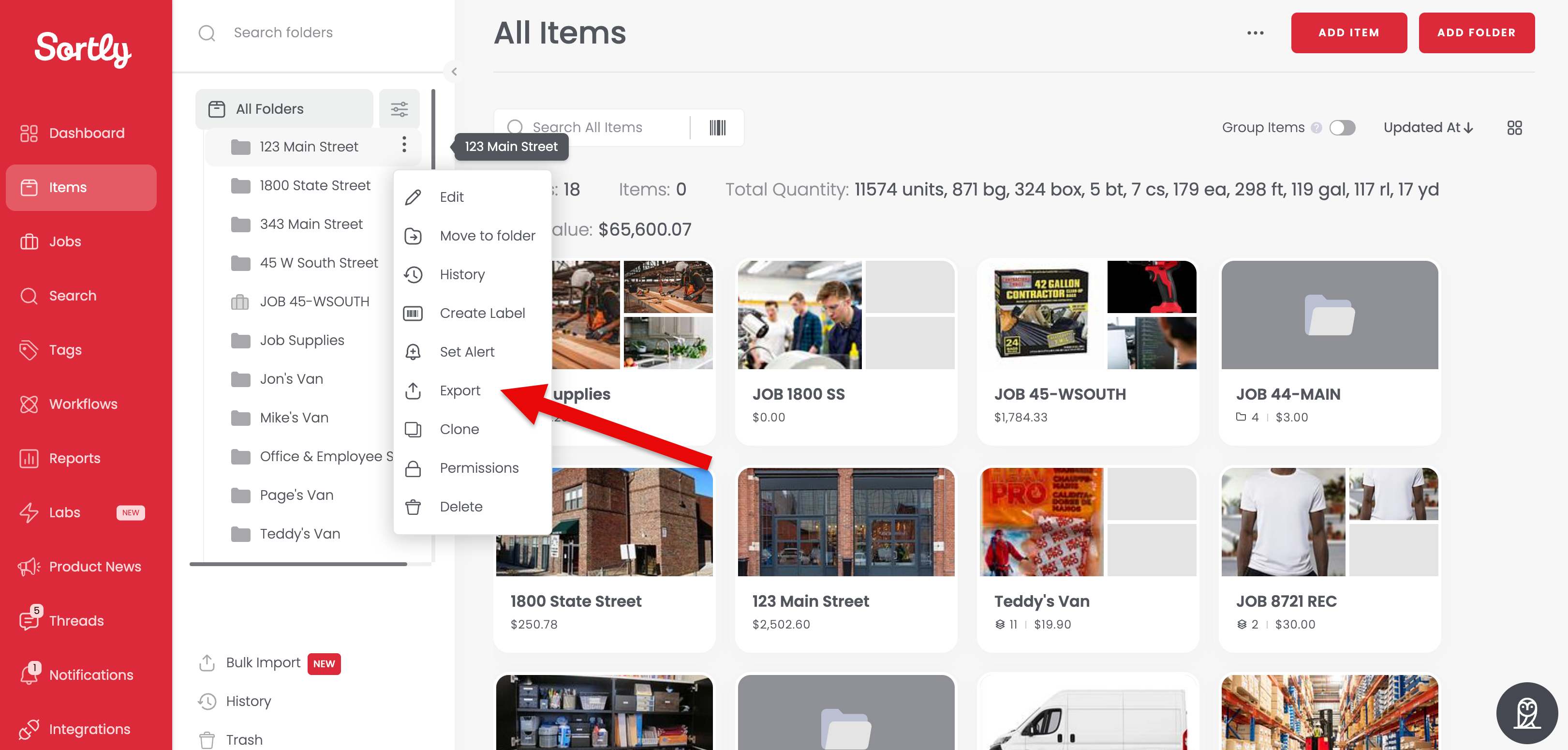 Export option in the three-dot menu