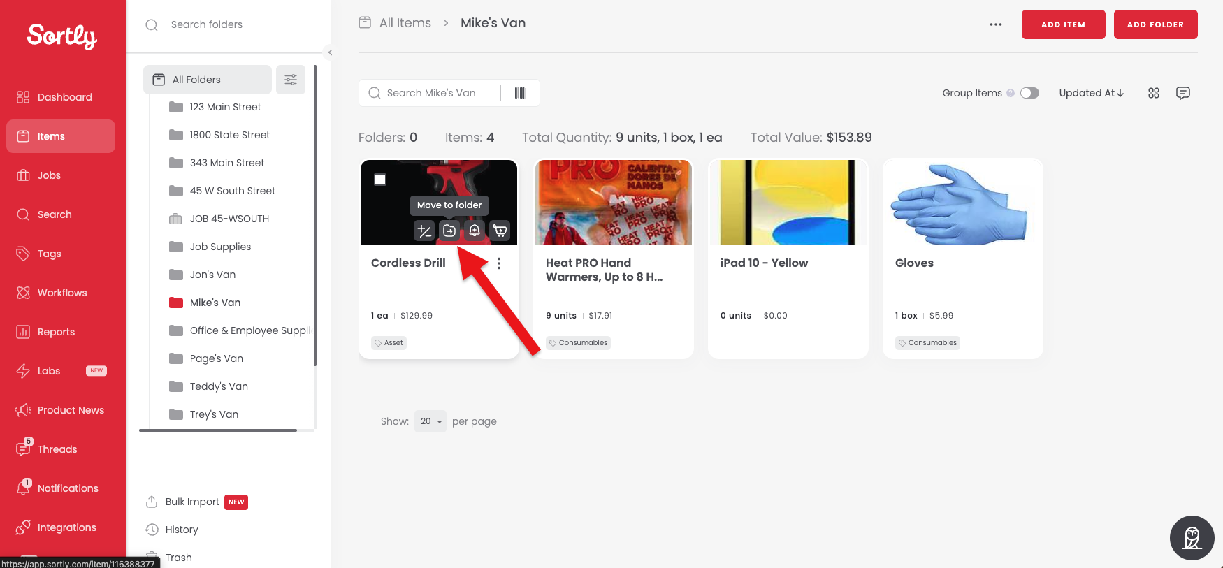 Selecting an item and clicking Move to Folder