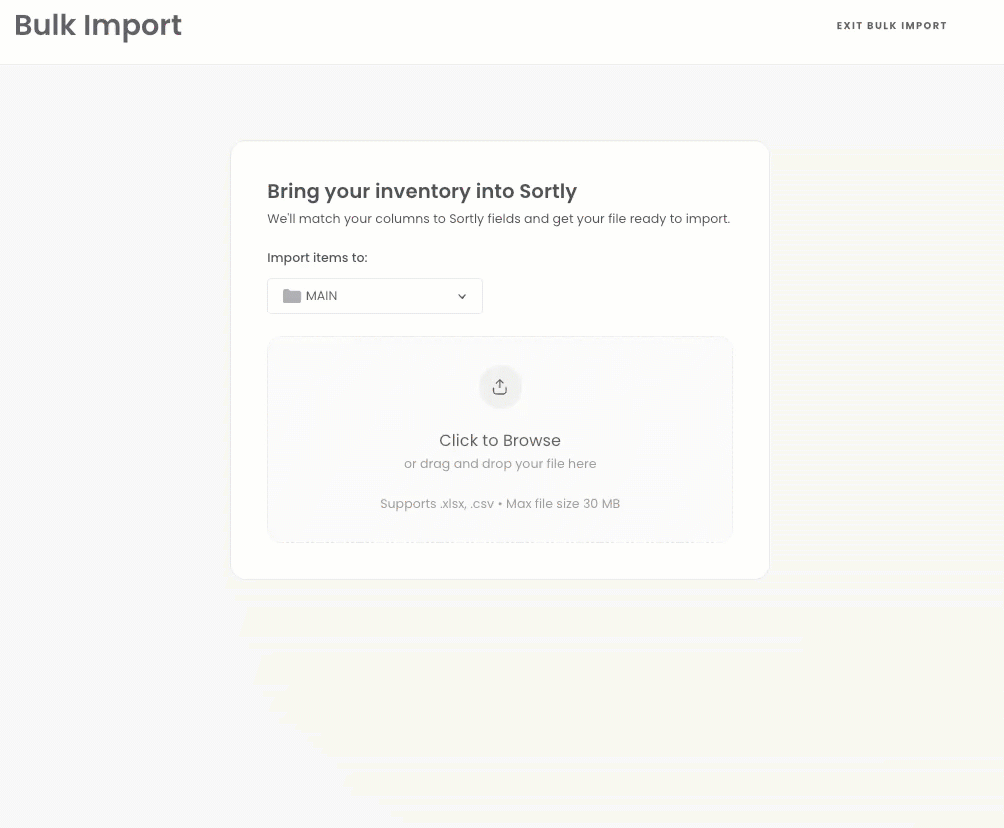 Choosing a location under Import items to, then uploading a file